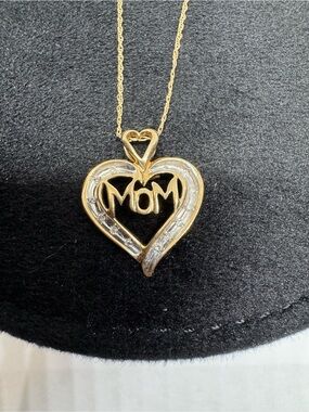 Vintage 10K 417 Solid Yellow Gold Mom Diamond Pendant Necklace 16.5"